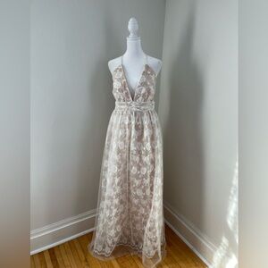 Lulus Ivywood White and Beige Embroidered Lace Backless Maxi Dress
